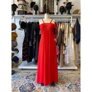vintage 1970s red maxi dress with rhinestones and chiffon cape, s/m, mod holiday